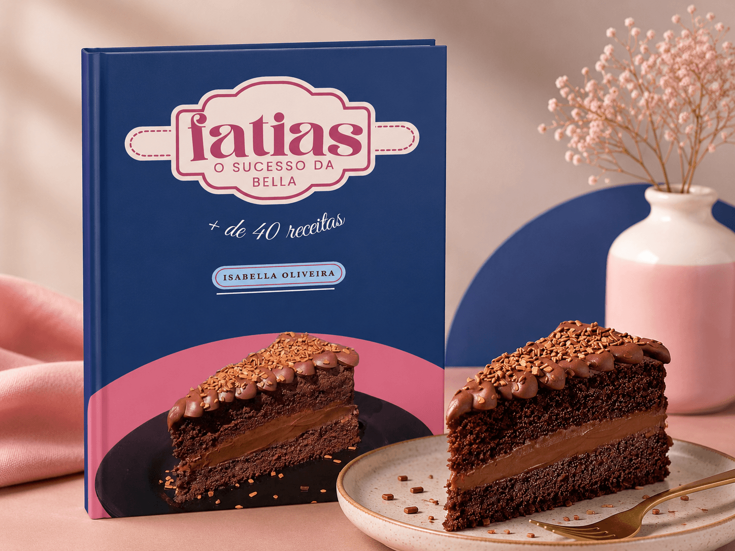 Mockup do e-book Fatias: O Sucesso da Bella com fatia de bolo de chocolate